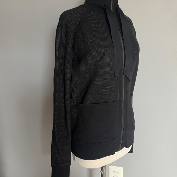 Lululemon Ribbon Detail‎ Full Zip Black Cotton Collared Popcorn Jacket Sweater - Picture 6 of 9